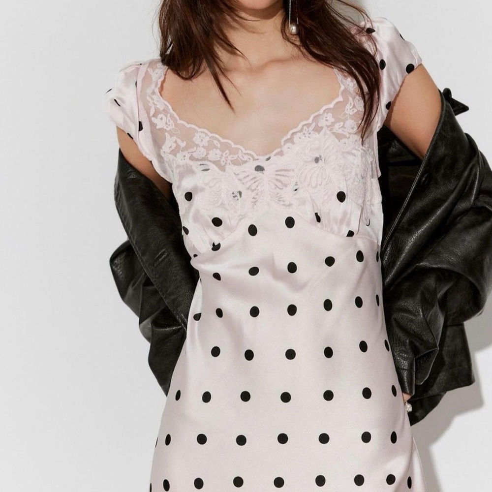 Free People Butterfly Dress: Cream/White and Black Polka Dot with Lace Detailing
